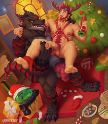 abs animal_genitalia animal_penis anthro anthro_dominating_human balls beard bell bell_collar big_dom_small_sub blush bodily_fluids body_hair brown_body brown_fur canid canine canine_penis canis christmas christmas_present christmas_tree collar cookie dildo dominant dominant_anthro dragon facial_hair fake_antlers food fur gay genitals gingerbread_cookie goo_creature group hair harness hi_res holding_partner holidays human human_on_anthro hybrid interspecies larger_anthro long_tongue male male/male male_only mammal muscular muscular_anthro muscular_human muscular_male nipples nude penetrable_sex_toy penis plant red_hair scalie sex_toy size_difference smaller_human submissive submissive_human sweat tongue tongue_out tree voidlesky voidlesky_(character) wolf yaoi