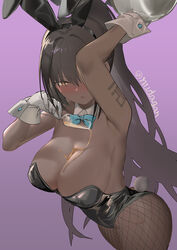 1girls 2021 animal_ears aqua_bow aqua_bowtie arm_up bangs black_hair black_leotard blue_archive blush bow bowtie breasts cleavage collar cowboy_shot cup dark-skinned_female dark_skin detached_collar drinking_glass fake_animal_ears female female_focus female_only fishnet_legwear fishnets glass gloves hair_between_eyes halo highres holding karin_(blue_archive) karin_(bunny)_(blue_archive) large_breasts leotard long_hair millennium_science_school_student nuda playboy_bunny ponytail purple_background rabbit_ears rabbit_tail sketch solo solo_female spilling tail tattoo tray twitter_username white_collar white_gloves wine_glass wrist_cuffs yellow_eyes