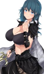 1girls alternate_costume bare_midriff blue_eyes breasts byleth_(fire_emblem) byleth_(fire_emblem)_(female) cape cleavage fire_emblem fire_emblem:_three_houses huge_breasts leggings long_hair looking_at_viewer midriff nintendo smile solo sword sword_of_the_creator teal_hair toshimasa weapon white_background