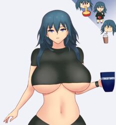 1girls artist_name bare_midriff blue_eyes breasts byleth_(fire_emblem) byleth_(fire_emblem)_(female) cup fire_emblem fire_emblem:_three_houses grey_background huge_breasts looking_at_viewer medium_hair midriff nintendo shirt solo teal_hair tiredtorto underboob