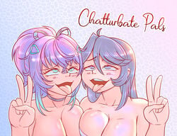 2girls ahe_gao ahoge bandaid big_breasts blue_eyes blue_hair breasts breasts_to_breasts chaturbate collar english_text eyebrows_visible_through_hair female female_focus female_only gyorai hair_ornament indie_virtual_youtuber kson_onair light-skinned_female light_blue_eyes melody_(projektmelody) multiple_girls peace_sign projektmelody purple_hair sarashi upper_body virtual_youtuber vshojo