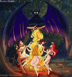 5girls aladdin aladdin_(1992_disney_film) ariel ariel_(the_little_mermaid) ass aurora_(sleeping_beauty) beauty_and_the_beast_(1991_film) belle_(beauty_and_the_beast) black_hair blonde_hair bonfire brown_hair bubble_butt chernabog completely_nude crossover dancing disney disney_princess fantasia halloween harem hercules_(disney) large_breasts megara mshowllet multiple_girls nipples nude nude_female princess princess_jasmine red_hair royalty sleeping_beauty_(1959_film) the_little_mermaid the_little_mermaid_(1989_film)