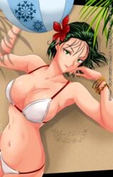 1girls beach beach_ball bikini cleavage clothed clothed_female clothes clothing female female_only flower_in_hair fubuki_(one-punch_man) fully_clothed green_hair hourglass_figure large_breasts looking_at_viewer lying_on_back mariablueneko one-punch_man solo swimsuit viewed_from_above