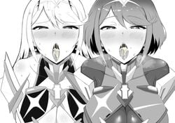 2girls armor bangs black_and_white blowjob_face blush breasts breath_cloud core_crystal crystal cum cum_in_mouth earrings exposed_shoulders gatyo_5 gem hair_ornament heart heart-shaped_pupils huge_breasts jewelry long_hair looking_at_viewer mythra nintendo pyra semen short_hair sweat sweatdrop swept_bangs tagme tiara tongue_out xenoblade_(series) xenoblade_chronicles_2