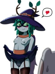 1boy1girl 1girls adventure_time antlers blush breasts cape cartoon_network finn_the_human fizzyspidercider garter_straps green_eyes green_hair horn horns huntress_wizard leaf_on_head leaves medium_breasts nipples panties small_breasts thighhighs tight_panties topless upskirt witch_costume witch_hat year_request