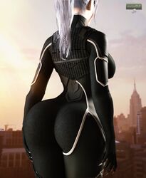 1girls 3d back_to_viewer back_view big_ass big_breasts black_cat_(marvel) black_clothing body_armor dat_ass felicia_hardy female_only hand_on_thigh marvel rear_view spider-man_(ps4) superhero_costume thick_thighs white_hair wide_hips wotm8h8