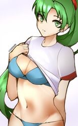 1340smile 1girls artist_name blue_panties breasts cleavage fire_emblem fire_emblem:_the_blazing_blade flashing green_eyes green_hair large_breasts long_hair looking_at_viewer lyn_(fire_emblem) lyndis_(fire_emblem) nintendo panties ponytail shirt solo undressing very_long_hair white_background