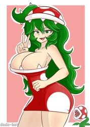 1girls 2d anthrofied cute dodo-bot dress eyes green_hair large_breasts long_hair mario_(series) oerba_yun_fang peace_sign piranha_plant piranha_plant_girl red_dress smiling solo tagme thick_thighs