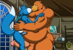 2020 absurd_res anthro balls bear_in_the_big_blue_house black_nose blue_body brown_body canid canine canis domestic_dog duo embrace erection genitals hi_res hug humanoid_genitalia humanoid_hands humanoid_penis husky kissing male male/male mammal mikeyex night nordic_sled_dog overweight overweight_male penis spitz ursid white_body