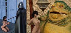 1girls 2boys 3d before_and_after begging blindfold bondage chain_leash darth_vader huge_breasts hutt jabba_the_hutt kneeling majystine original_character rope_bondage sex_slave sith slave slave_collar slavegirl star_wars tied_up tongue_out