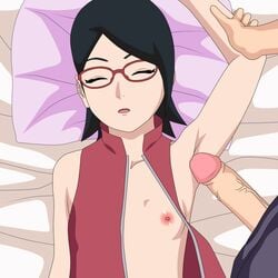 1boy arm_up armpit_fetish armpit_sex armpits black_hair boruto:_naruto_next_generations breasts closed_eyes glasses head_on_pillow lying lying_on_back male naruto naruto_(series) nipples no_bra on_back one_breast_out open_clothes penis pillow rantuahelax rubbing rubbing_penis sarada_uchiha sleep_molestation sleeping unseen_male_face upper_body