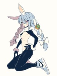 animal_ear_fluff animal_ears bangs black_legwear black_pasties blue_footwear blue_hair blush_stickers bow braid breasts bunny-shaped_pupils bunny_ears bunny_pasties carrot_hair_ornament commentary don-chan_(usada_pekora) english_commentary eyebrows_visible_through_hair female food-themed_hair_ornament food_themed_hair_ornament full_body hair_between_eyes hair_ornament hairbow hand_on_hip highres hololive hololive_fantasy hololive_japan looking_at_viewer medium_breasts meme_attire multicolored_hair nike pasties rabbit_ears red_eyes reverse_bunnysuit reverse_outfit shoes short_eyebrows shrug_(clothing) simple_background symbol-shaped_pupils thick_eyebrows tongue tongue_out twin_braids twintails two-tone_hair unexistarts usada_pekora v-shaped_eyebrows virtual_youtuber white_background white_bow white_hair