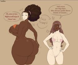 2girls afro ass big_ass big_breasts brown_hair dark-skinned_female dark_skin face_swap franktonius launna_(franktonius) light-skinned_female light_skin long_hair multiple_girls ryn_(franktonius) thick_thighs