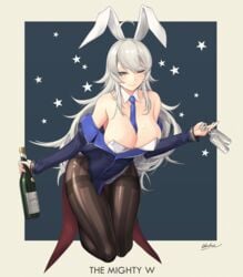 ahoge alcohol big_breasts bunny_ears bunnysuit cleavage female female_only grey_hair hanging_breasts huge_breasts jacket kantai_collection kneeling leaning_forward long_hair long_sleeves looking_at_viewer necktie odachu off_shoulder pantyhose silver_eyes silver_hair smile solo spiky_hair thigh_gap washington_(kantai_collection) wide_hips wine_bottle wine_glass wink