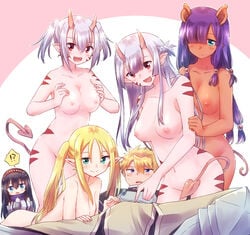 1boy 5girls blonde_hair breasts clothed_male_nude_female dark-skinned_female dark_skin elf elf_ears elf_female female green_eyes harem human_male light-skinned_female light-skinned_male light_skin lisa_alpacas luvelia_sanctos mimi_alpacas monster_girl multiple_girls oni oni_female oni_horns peter_grill_to_kenja_no_jikan pig_ears pig_tail piglette_pancetta pink-skinned_female pink_skin purple_hair red_eyes reverse_gangbang tagme tail vegan_eldriel