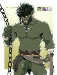 1boy belly big_penis chain chains curly_hair green_body green_penis green_skin lawwclair male male_only metal_chain orc orc_humanoid orc_male solo solo_male teeth teeth_showing thick_penis thong_aside yellow_eyes