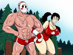 1boy 1boy1girl 1girls abs bald black_hair camp_counselor_jason creepypasta female forest friday_the_13th good_end happy horror_movie jason_voorhees long_hair male momo_(creepypasta) muscular muscular_male nightmare_waifu swimming_trunks swimsuit ultimatez uztweetys