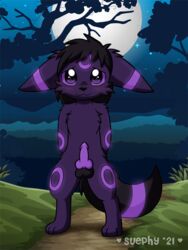 animal_genitalia animal_penis black_body black_fur eeveelution fan_character fur genitals knot male male_only mammal moon night nintendo penis plant pokemon purple_body purple_fur shadow solo standing suephy tree video_games