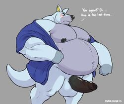 animal_crossing anthro balls belly big_belly black_penis blue_body blue_clothing blue_fur blue_topwear bottomless clothed clothing fur genitals hi_res kangaroo macropod male male_only mammal manlyster marsupial moobs nintendo nipples overweight overweight_anthro overweight_male penis solo topwear video_games walt_(animal_crossing)