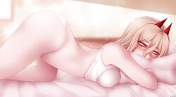 1girls bed blonde_hair blush bottomless breasts chainsaw_man demon_girl demon_horns female horns long_hair medium_breasts on_bed pillow power_(chainsaw_man) reowocchi solo thick_thighs thighs unusual_pupils yellow_eyes