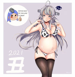 ahoge artist_request big_breasts bikini bikini_pull black_legwear black_thighhighs blush cow_bikini cow_print female female_only grey_hair headgear kantai_collection long_hair pregnant side-tie_bikini silver_eyes silver_hair south_dakota_(kantai_collection) spiky_hair sweatdrop thighhighs washington_(kantai_collection) year_of_the_ox zettai_ryouiki