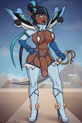 1futa alternate_breast_size balls big_breasts big_penis breasts clothed clothing cosplay crossover dark-skinned_futanari dark_skin erection futa_only futanari high_heel_boots high_heels human human_only kamui_(kill_la_kill) kill_la_kill large_breasts mostly_nude nessa_(pokemon) penis pokemon pokemon_ss shadowboxer solo standing testicles