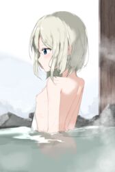 bangs blue_eyes blush breasts closed_mouth commentary_request covering eyebrows_visible_through_hair female female from_side grey_hair hair_between_eyes highres looking_away nipples nude_cover onsen original partially_submerged profile short_hair small_breasts solo steam upper_body zagashira