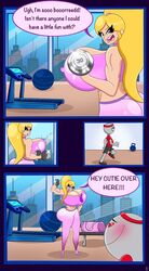 1boy 1girls big_breasts blitzhero blonde_hair bubble_butt comic_page english_text gym_shorts heart_eyes huge_breasts muscular_female open_mouth original_character pink_outfit shelbziboo speech_bubble taller_female taller_girl text titanic_tit_tina weightlifting