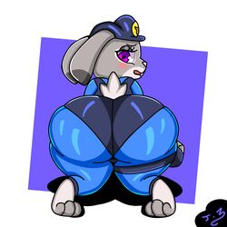 1:1 absurd_res anthro ass big_butt biped blush clothed clothing curvy_figure disney female fur grey_body grey_fur headgear headwear hi_res huge_butt judy_hopps juki_zu lagomorph leporid looking_back mammal open_mouth police police_uniform purple_eyes rabbit simple_background solo thick_thighs uniform voluptuous wide_hips zootopia