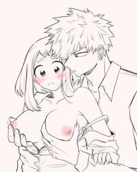 1boy 1boy1girl 1girls blush blushing breasts female fondling fondling_breast grchloex groping_from_behind holding_breast katsuki_bakugou male my_hero_academia nipple_play nipples ochako_uraraka pink_nipples spiky_hair straight