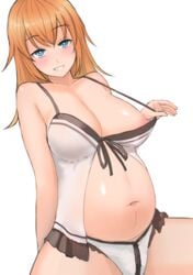 big_breasts blue_eyes blush charlotte_e_yeager clothes_pull clothing female female_only grin large_breasts lingerie long_hair looking_at_viewer negligee nipple_slip orange_hair panties pregnant smile solo strike_witches taji_(crowview) teasing white_panties