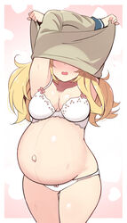 1girls blonde_hair blush bra clothing female female_only gambier_bay_(kantai_collection) kantai_collection legs_together long_hair matching_underwear open_mouth panties pregnant solo struggling stuck suzuki_toto sweat thick_thighs thigh_gap undressing white_bra white_panties wide_hips