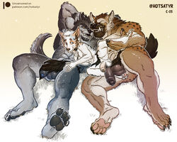 abs anthro ass_up balls big_balls big_muscles big_penis bigboy bodily_fluids bulge canid canine canis censored censored_penis clothed clothed/nude clothing domestic_dog genital_fluids genitals group group_sex hotsatyr huge_cock hyaenid loincloth_only male male/male mammal mosaic_censorship muscular muscular_male nude patreon patreon_logo paws penile penis precum sex size_difference smaller_male smile text threesome url were werecanid werecanine werewolf wolf