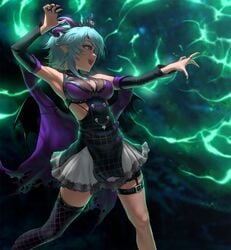 1girls armpits big_breasts blue_hair breasts cape cleavage demon demon_girl demon_horns demon_wings dress elf_ears female female_only froot hair happy happy_female highres horns infi_mt magic pointy_ears pose posing solo thighhighs thighs virtual_youtuber vshojo