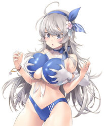 1girls admiral_(kantai_collection) bangs big_breasts bikini blush breast_grab cleavage cleavage_cutout disembodied_hands faceless_male female female_focus flower_in_hair grabbing_from_behind grey_hair groping groping_from_behind hair_ornament hair_ribbon hairband highleg highleg_bikini kantai_collection long_hair sakana_(flame_sakana) sexual_harassment silver_eyes silver_hair spiky_hair surprised sweat swimsuit washington_(kantai_collection)