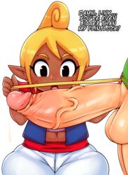 1boy 1boy1girl 1girls balls big_balls big_penis blonde_hair caucasian clothed_female_nude_male dark-skinned_female dark_skin dialogue female huge_cock interracial light-skinned_male light_skin link male male/female matospectoru measuring measuring_penis navel nintendo pale_skin penis penis_awe precum size_talk solo_focus tan_skin tetra text the_legend_of_zelda the_wind_waker toon_link uncensored veiny_penis wind_waker young