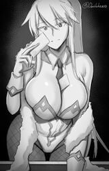 1girls artoria_pendragon artoria_pendragon_(lancer) between_breasts breasts bunny_ears bunny_girl bunnysuit card cleavage devilukez fate_(series) female fishnet_pantyhose fishnets gloves huge_breasts leaning_forward leotard long_hair monochrome pantyhose smile solo thick_thighs wide_hips