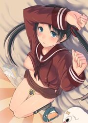 black_hair blue_eyes breasts censored female female_only kantai_collection knees_together_feet_apart long_hair long_sleeves looking_at_viewer mikuma_(kantai_collection) no_bra no_panties on_back on_bed one_breast_out serafuku shirt_up solo taji_(crowview) tissue_box twintails