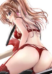 ass ass_focus bang_dream! bass_guitar bra breasts brown_hair earrings finger_to_mouth garter_belt garter_straps grey_eyes imai_lisa instrument jewelry lingerie looking_at_viewer panties picot_trim picot_trim_panties red_bra red_panties tongue tongue_out underwear