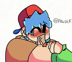 blowjob blue_hair blush boyfriend_(friday_night_funkin) brown_pants clothed_blowjob drooling flipaclip freckles friday_night_funkin gay green_shirt hat male male_only nervous pico_(newgrounds) red_hat yaoi