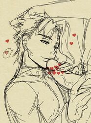 censored chinjuu_hibakichi earrings gay head_grab heart heart_censor jojo's_bizarre_adventure kissing_penis male male_only monochrome noriaki_kakyoin penis_in_hand penis_kiss sketch stardust_crusaders yaoi