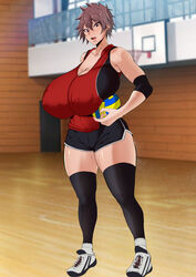 1girls big_breasts breasts female female_only giant_breasts holding holding_ball huge_breasts large_breasts massive_breasts mucc puffy_nipples short_hair solo standing sweat thick_thighs thighhighs thighs tight_clothing very_short_hair volleyball volleyball_uniform yukari-chan_(mucc)