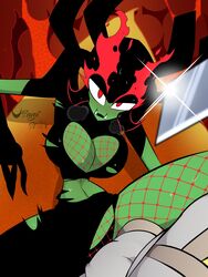 1girls aku black_hair black_panties boob_window defeated defeated_villainess fishnet_shirt fishnet_stockings fishnets flaming_eyebrows genderswap genderswap_(mtf) guy_on_top helpless looking_up lying_on_back open_mouth pov red_eyes ripped_clothing rule_63 samurai_jack samurai_jack_(character) sharp_teeth sweat sword torn_clothes usagi_star