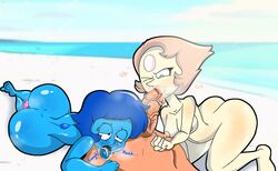 1boy 2girls ass beach big_ass blue_eyes blue_hair blue_skin breasts buttplug cartoon_network cum cum_in_mouth cum_on_tongue cumshot eyelashes fellatio female goggoh half-closed_eyes lapis_lazuli_(steven_universe) male nipples nude nude_female one_eye_closed oral oral_sex outdoors pearl_(steven_universe) penis pink_hair saliva sex_toy short_hair steven_universe