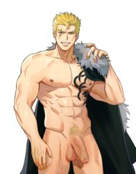 1boy abs bara blonde_hair chest_tattoo fairy_tail highres large_pectorals large_penis laxus_dreyar looking_at_viewer male male_focus male_pubic_hair mature_male muscular muscular_male navel nipples pangpang_19 pectorals penis pubic_hair scar scar_across_eye scar_on_face short_hair smile solo spiked_hair tattoo thick_thighs thighs