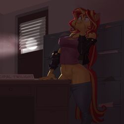 1:1 anthro anthrofied bodily_fluids breasts covering covering_mouth desk equestria_girls equid equine erect_nipples erect_nipples_under_clothes female furniture genital_fluids genitals grinding hair hasbro horn kevinsano mammal masturbation multicolored_hair my_little_pony nipple_bulge pussy pussy_juice solo sunset_shimmer table_humping two_tone_hair unicorn vaginal_masturbation vaginal_penetration