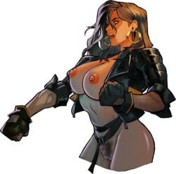 athletic athletic_female big_breasts blaze_fielding breasts breasts_out brown_eyes brown_hair busty earrings edit female female_focus female_only hourglass_figure jacket long_hair mole mole_under_mouth policewoman pubic_hair sega streets_of_rage streets_of_rage_4 toned toned_female wide_hips