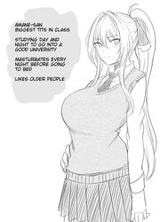 annoyed big_breasts comic hand_on_hip looking_away p_no_ji ponytail sexual_requirements_committee_member_amane-san thick_thighs tie