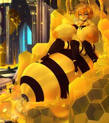 absurd_res antennae_(anatomy) anthro arthropod arthropod_abdomen bee big_breasts bodily_fluids breasts chair crown egg egg_laying female food furniture grimmy hair hi_res honey_(food) honeycomb huge_breasts hymenopteran hyper hyper_breasts hyper_nipples insects inverted_nipples lactating lactating_honey navel nipples ovipositor pregnant short_hair solo throne throne_room unusual_bodily_fluids unusual_lactation yellow_eyes