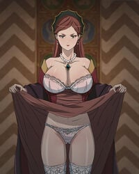 1girls curvaceous curvy dress_lift hi_res hilda_boreas_greyrat huge_breasts human large_breasts long_hair looking_at_viewer mature mature_female milf mushoku_tensei red_hair salmon_knight standing white_bra white_panties